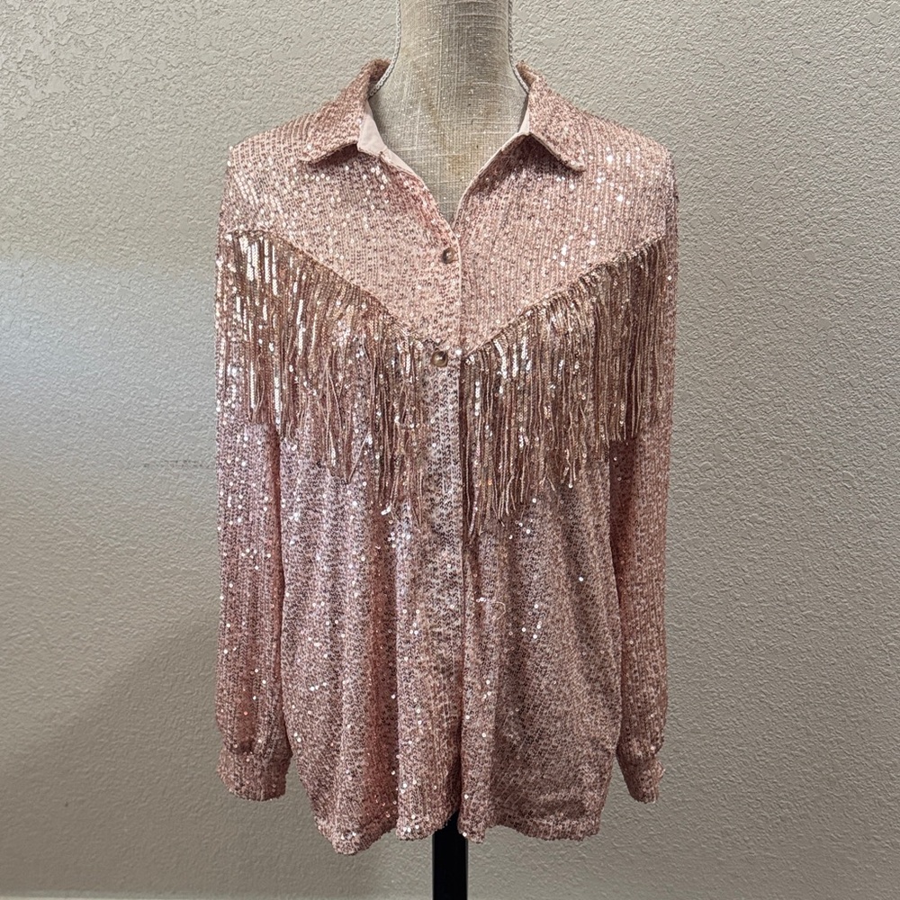 Glamorous Sequin Fringe Button-Down Shirt - Rose Gold